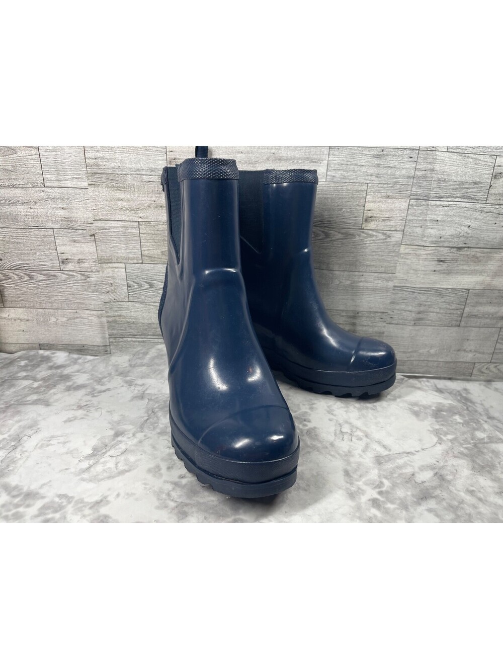 Sorel Joan Gloss Hidden Wedge Rain Boots Women 8.5M Shoes Blue Heel Ankle Bootie